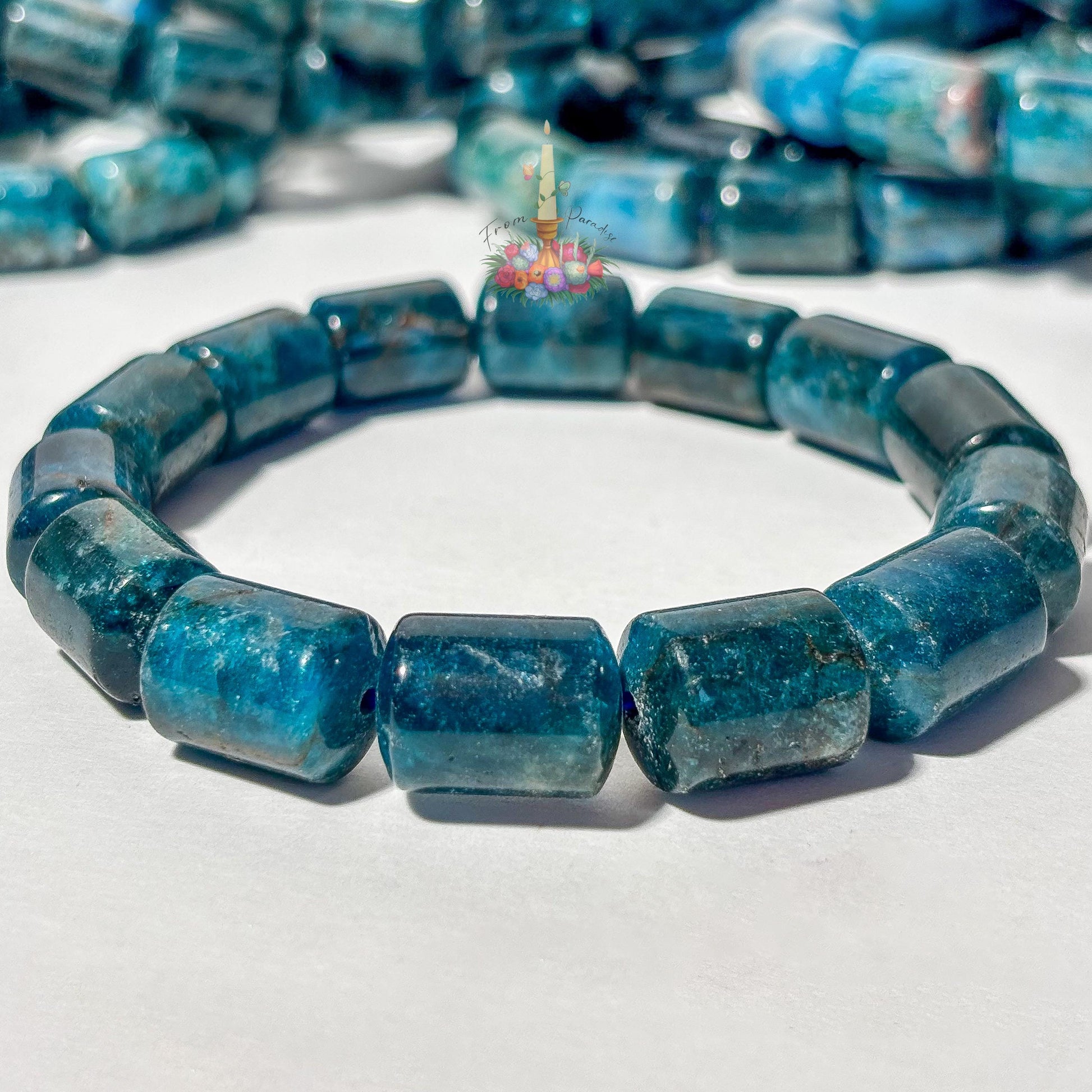 Natural Blue Apatite Barrel Bead Bracelet | Deep Teal Gemstone Cylinder Stretch Bracelet | Throat Chakra Manifestation Crystal Jewelry