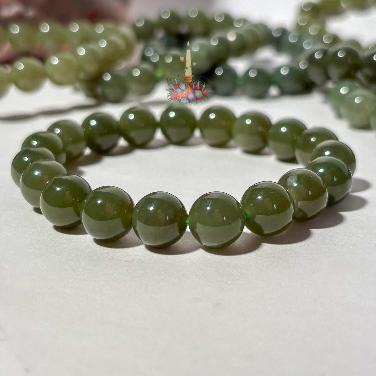 Natural Green Nephrite Jade Bracelet, Deep Olive Gemstone Round Bead Stretch Bracelet, Heart Chakra Healing Crystal Jewelry, Abundance Luck