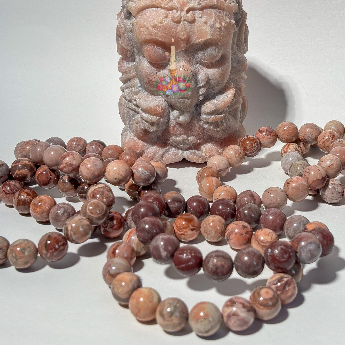 Natural Pink Oil Painting Alashan Agate Bracelet, Swirl Round Bead Stretch Wristlet, Pastel Gemstone Stacking Jewelry, Heart Chakra Crystal
