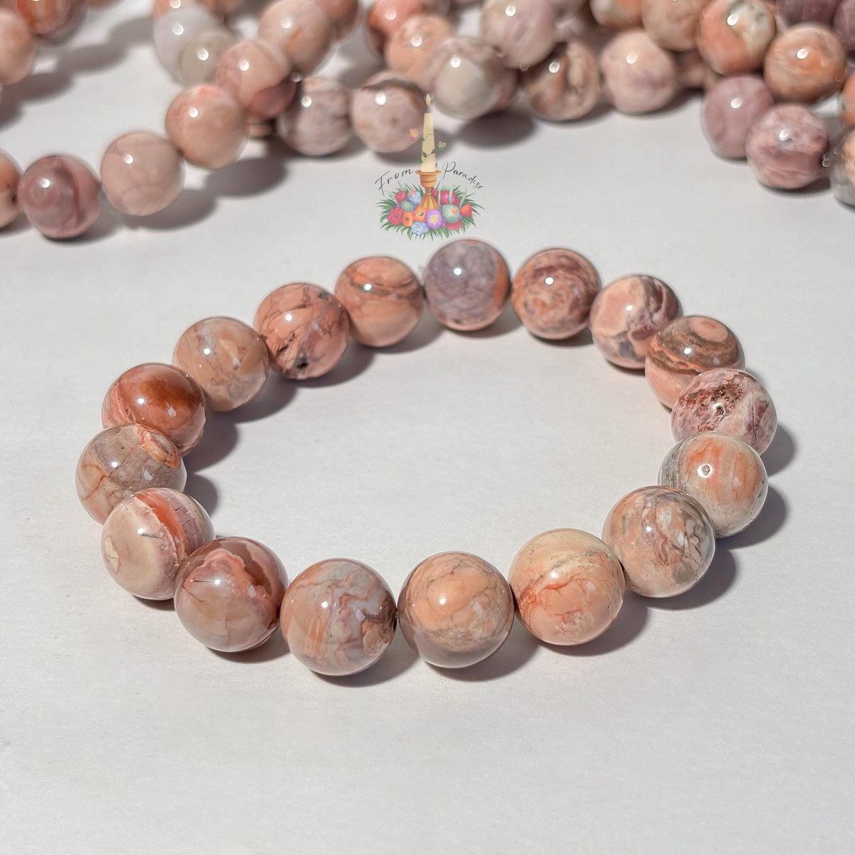 Natural Pink Oil Painting Alashan Agate Bracelet, Swirl Round Bead Stretch Wristlet, Pastel Gemstone Stacking Jewelry, Heart Chakra Crystal