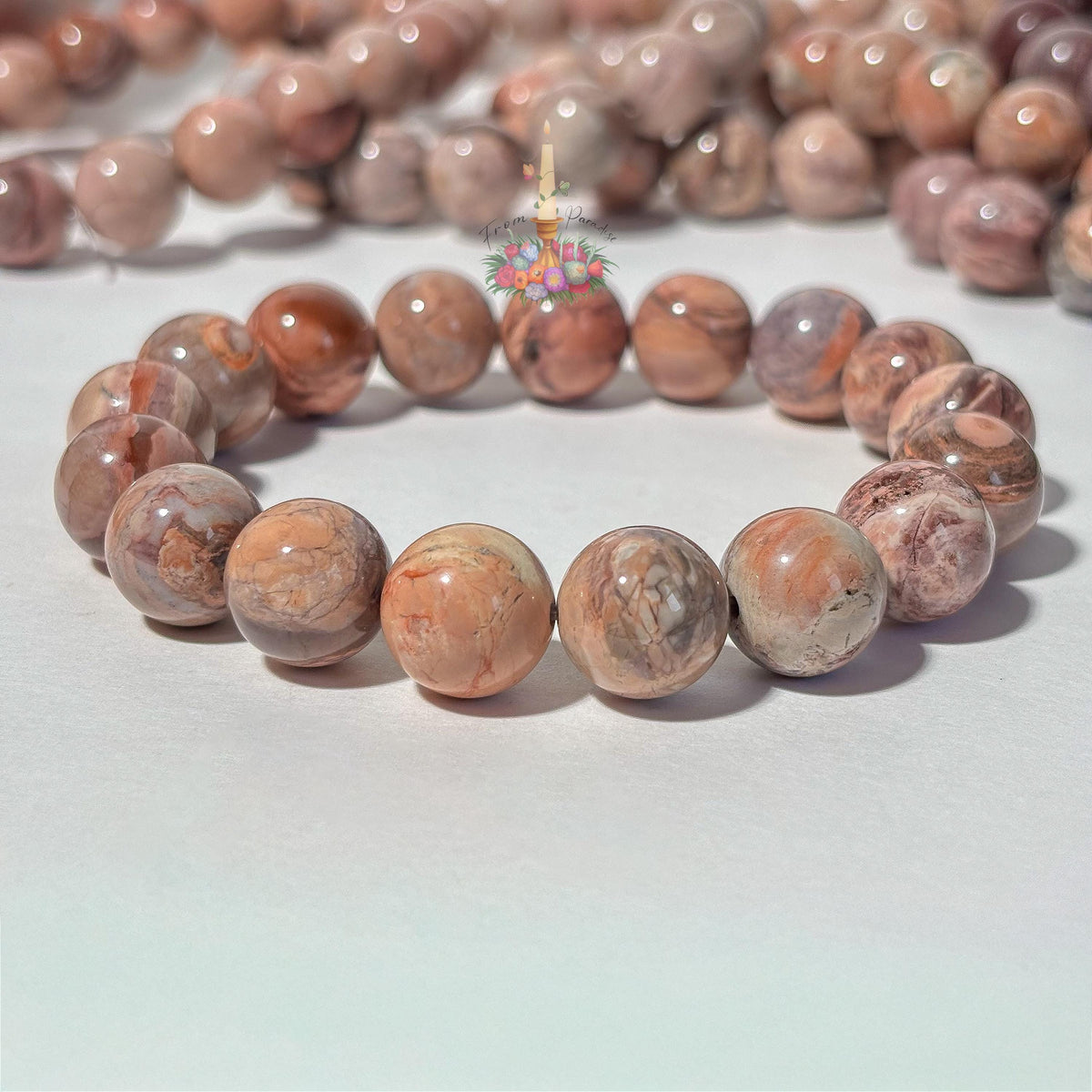 Natural Pink Oil Painting Alashan Agate Bracelet, Swirl Round Bead Stretch Wristlet, Pastel Gemstone Stacking Jewelry, Heart Chakra Crystal