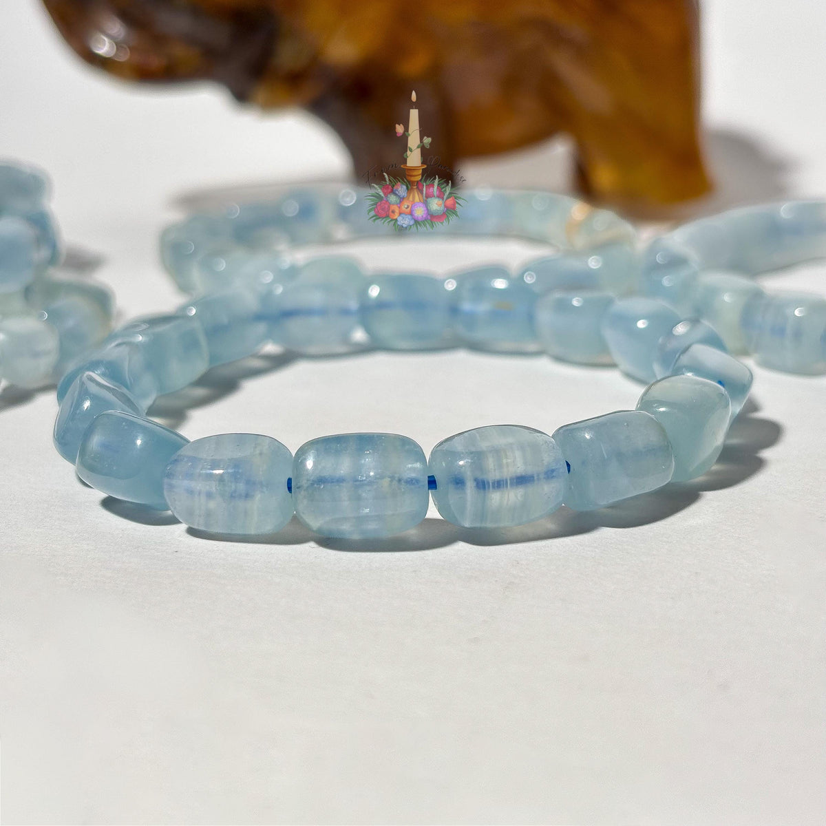 Lemurian Aquatine Calcite Crystal Healing Bracelet, Blue Onyx Throat Chakra Gemstone, Intuitive Flowing Energy Stone, Tranquil Blue Gemstone