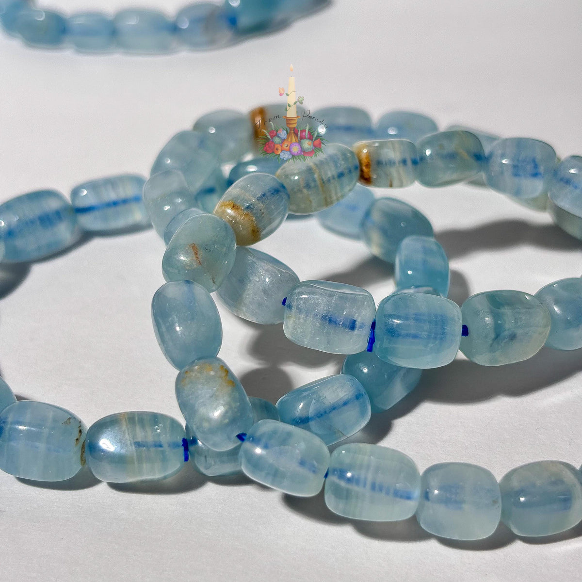 Lemurian Aquatine Calcite Crystal Healing Bracelet, Blue Onyx Throat Chakra Gemstone, Intuitive Flowing Energy Stone, Tranquil Blue Gemstone