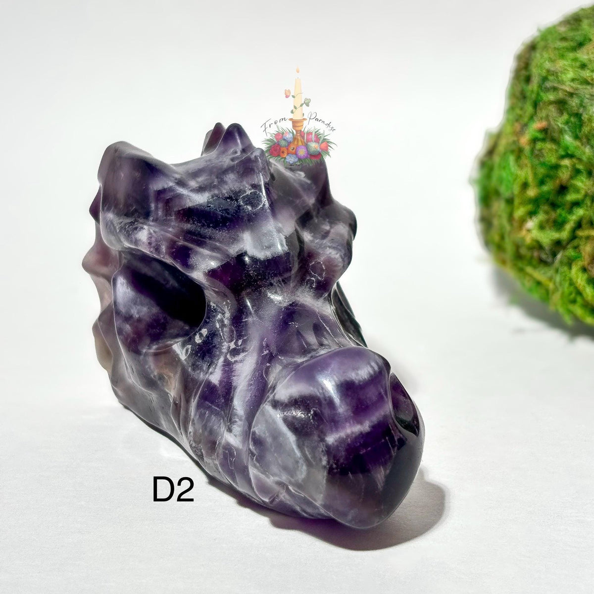 Chevron Amethyst Dragon Head Crystal Carving, Purple Gemstone Figurine, Fantasy Crystal Decor