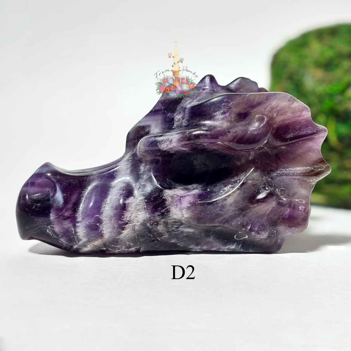 Chevron Amethyst Dragon Head Crystal Carving, Purple Gemstone Figurine, Fantasy Crystal Decor