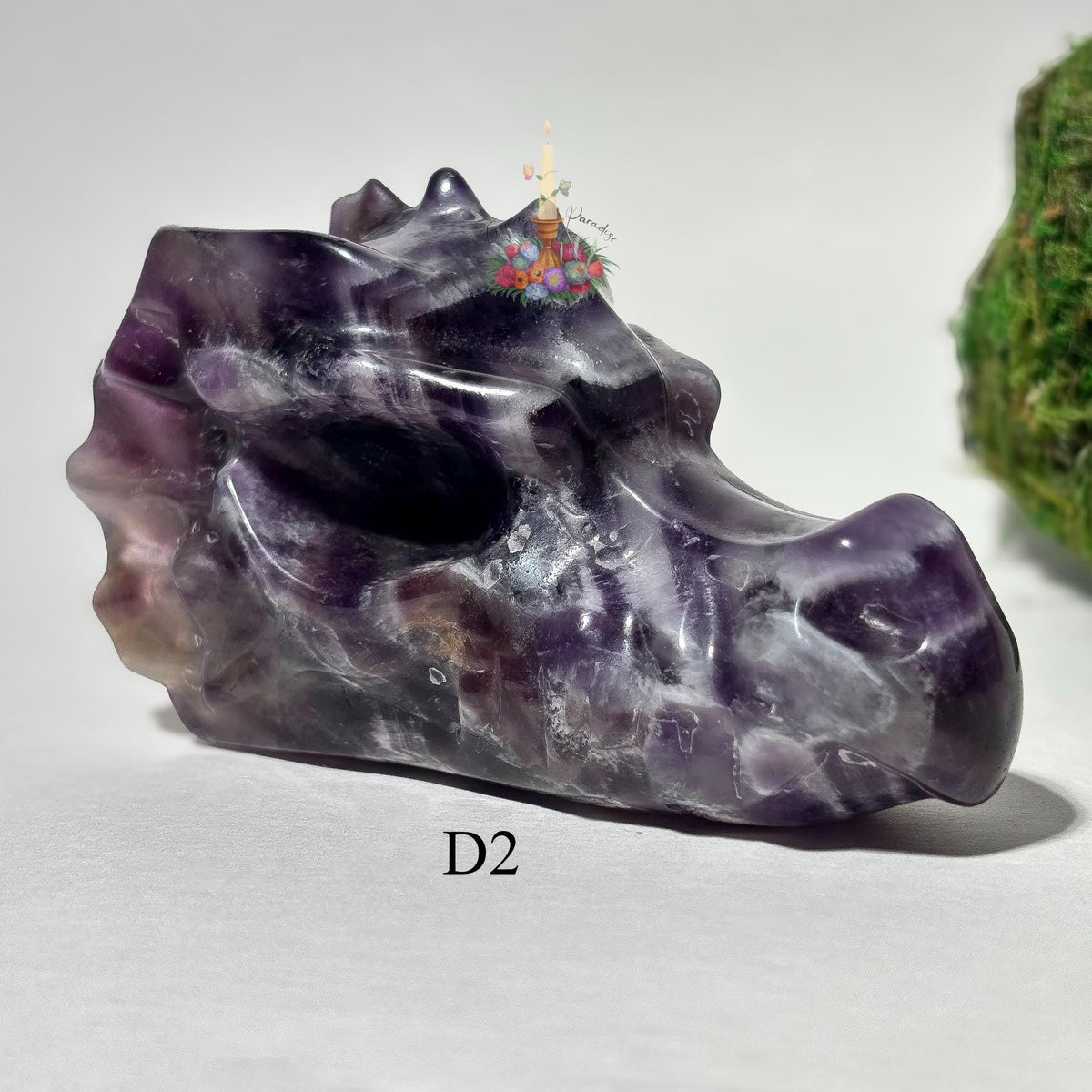 Chevron Amethyst Dragon Head Crystal Carving, Purple Gemstone Figurine, Fantasy Crystal Decor