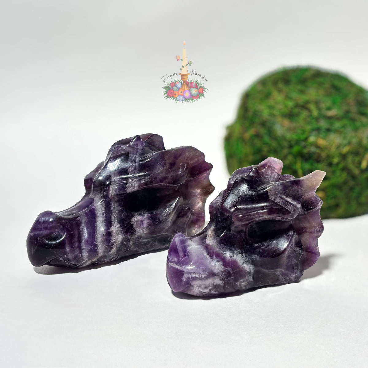 Chevron Amethyst Dragon Head Crystal Carving, Purple Gemstone Figurine, Fantasy Crystal Decor