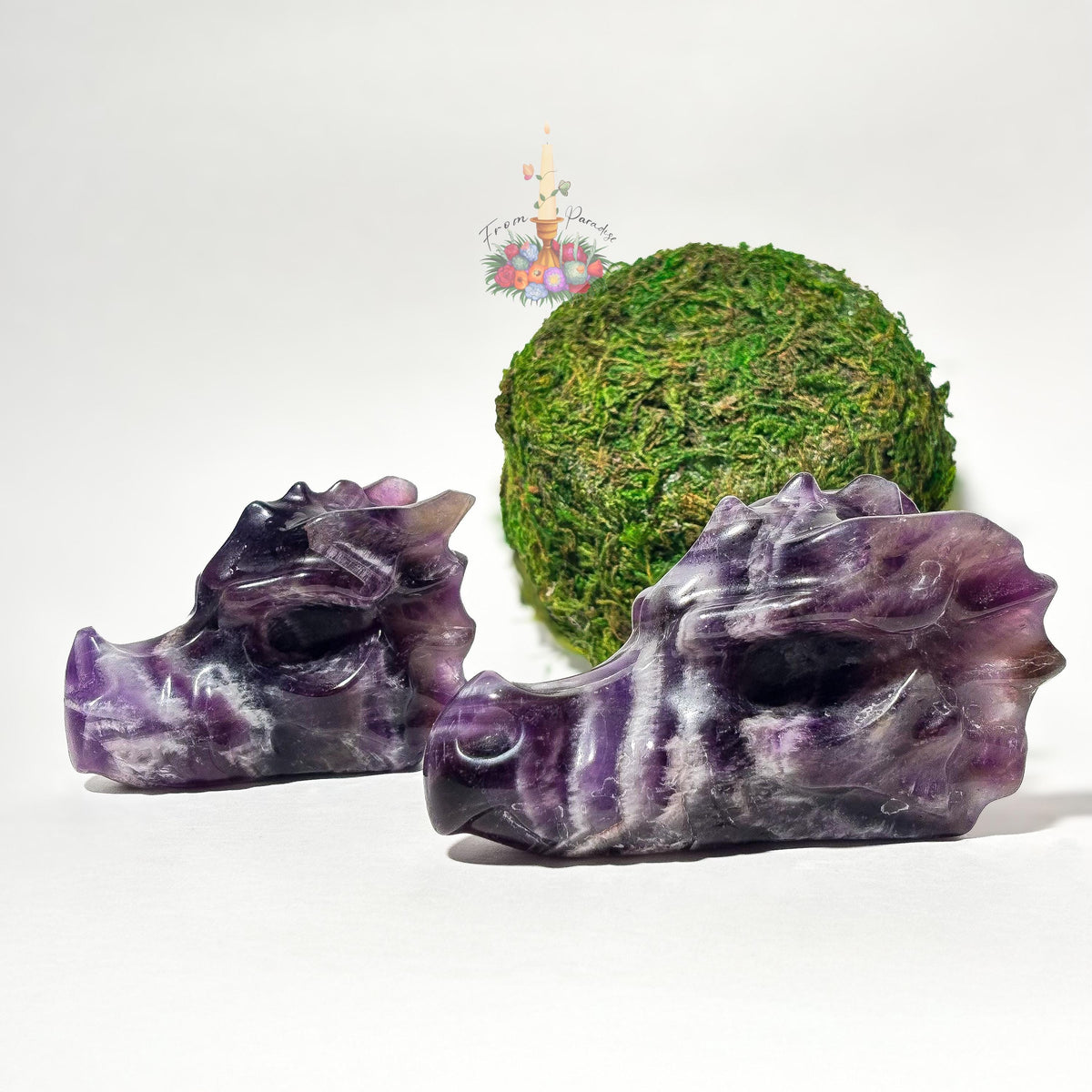Chevron Amethyst Dragon Head Crystal Carving, Purple Gemstone Figurine, Fantasy Crystal Decor