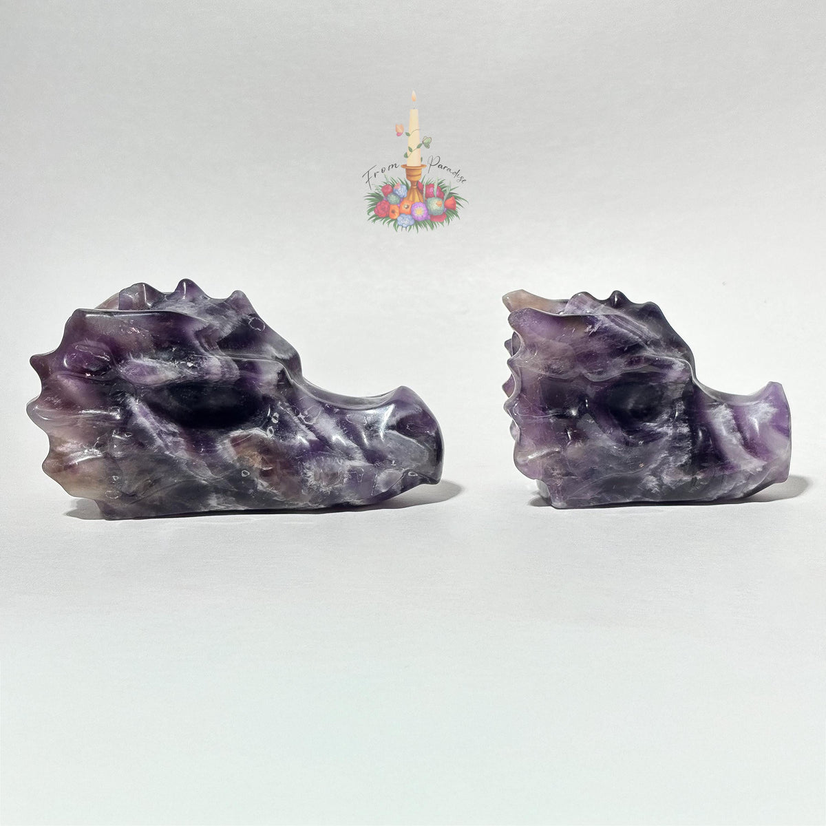 Chevron Amethyst Dragon Head Crystal Carving, Purple Gemstone Figurine, Fantasy Crystal Decor