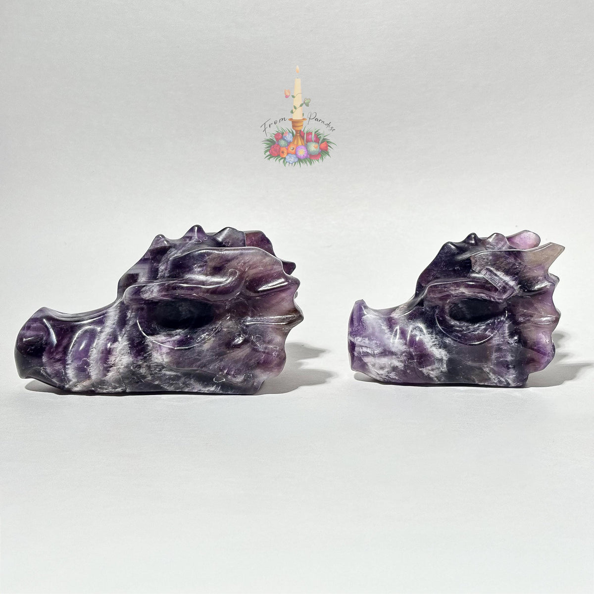 Chevron Amethyst Dragon Head Crystal Carving, Purple Gemstone Figurine, Fantasy Crystal Decor