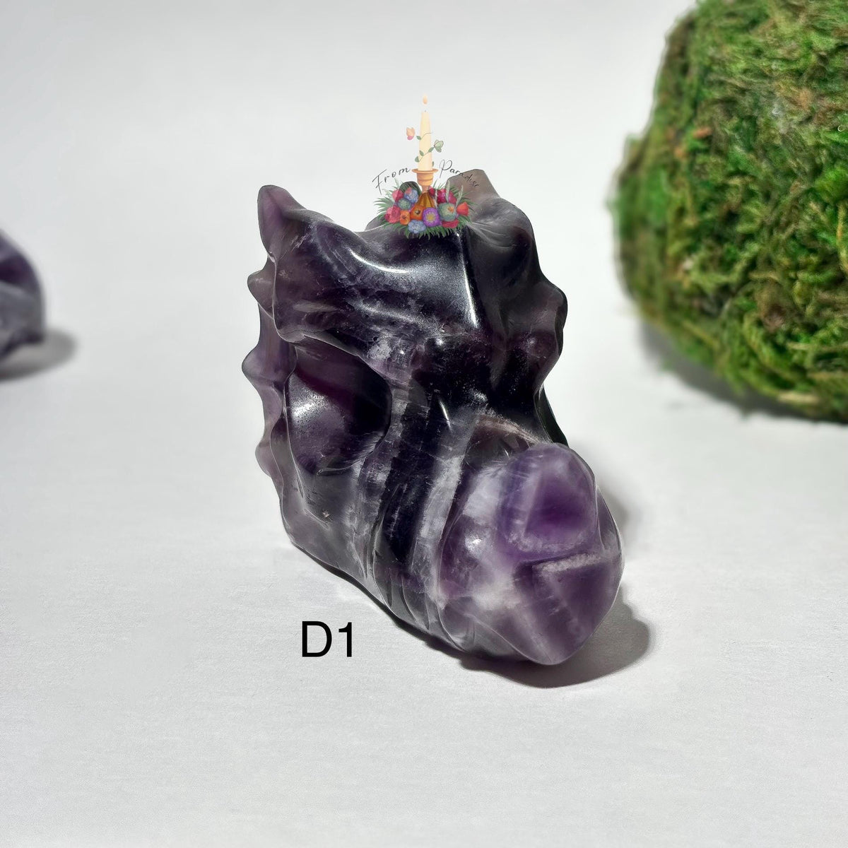 Chevron Amethyst Dragon Head Crystal Carving, Purple Gemstone Figurine, Fantasy Crystal Decor