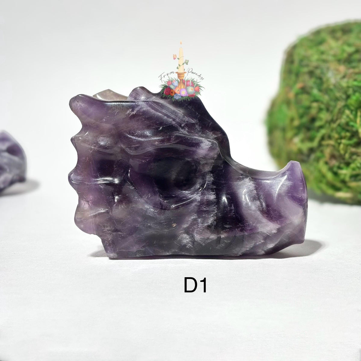Chevron Amethyst Dragon Head Crystal Carving, Purple Gemstone Figurine, Fantasy Crystal Decor