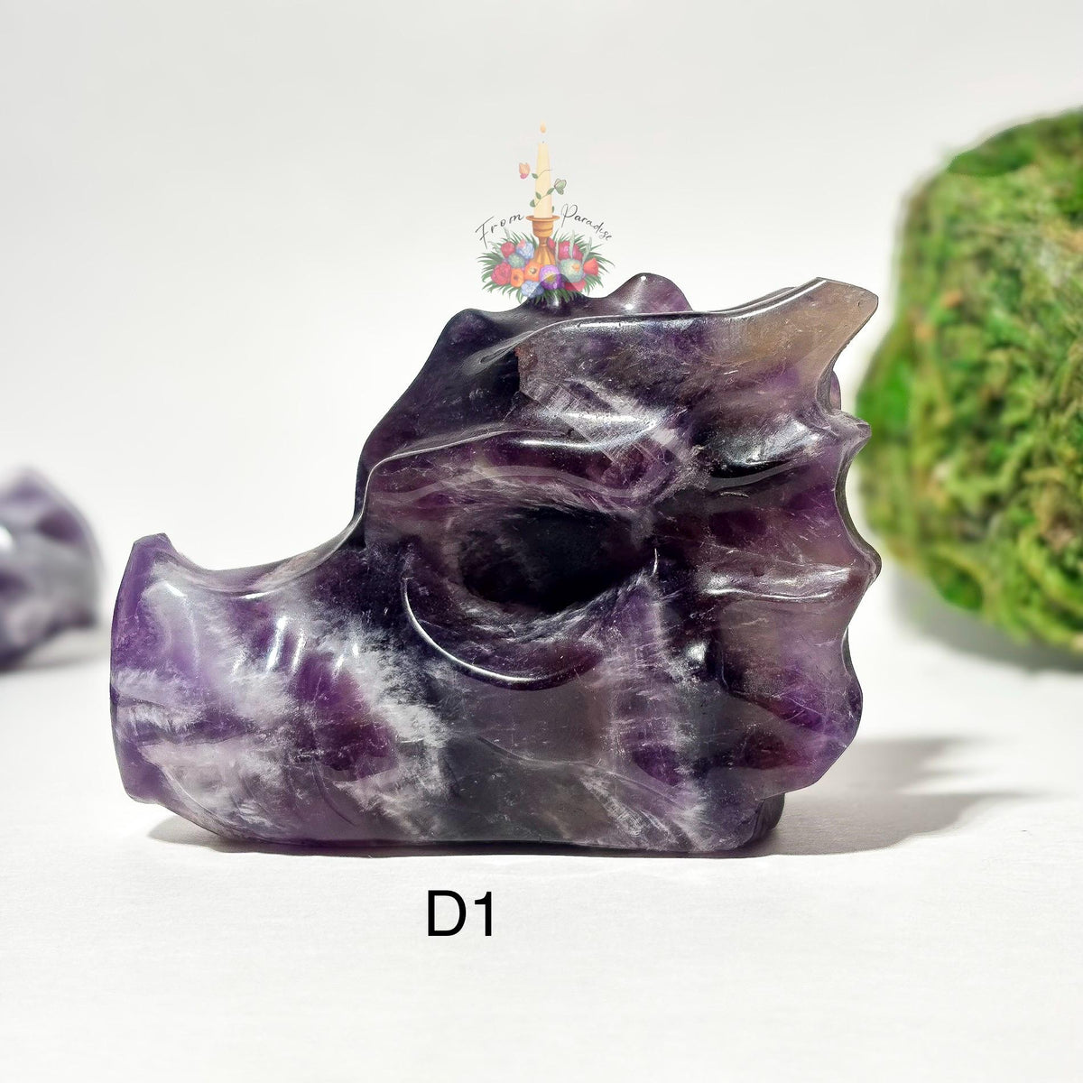 Chevron Amethyst Dragon Head Crystal Carving, Purple Gemstone Figurine, Fantasy Crystal Decor