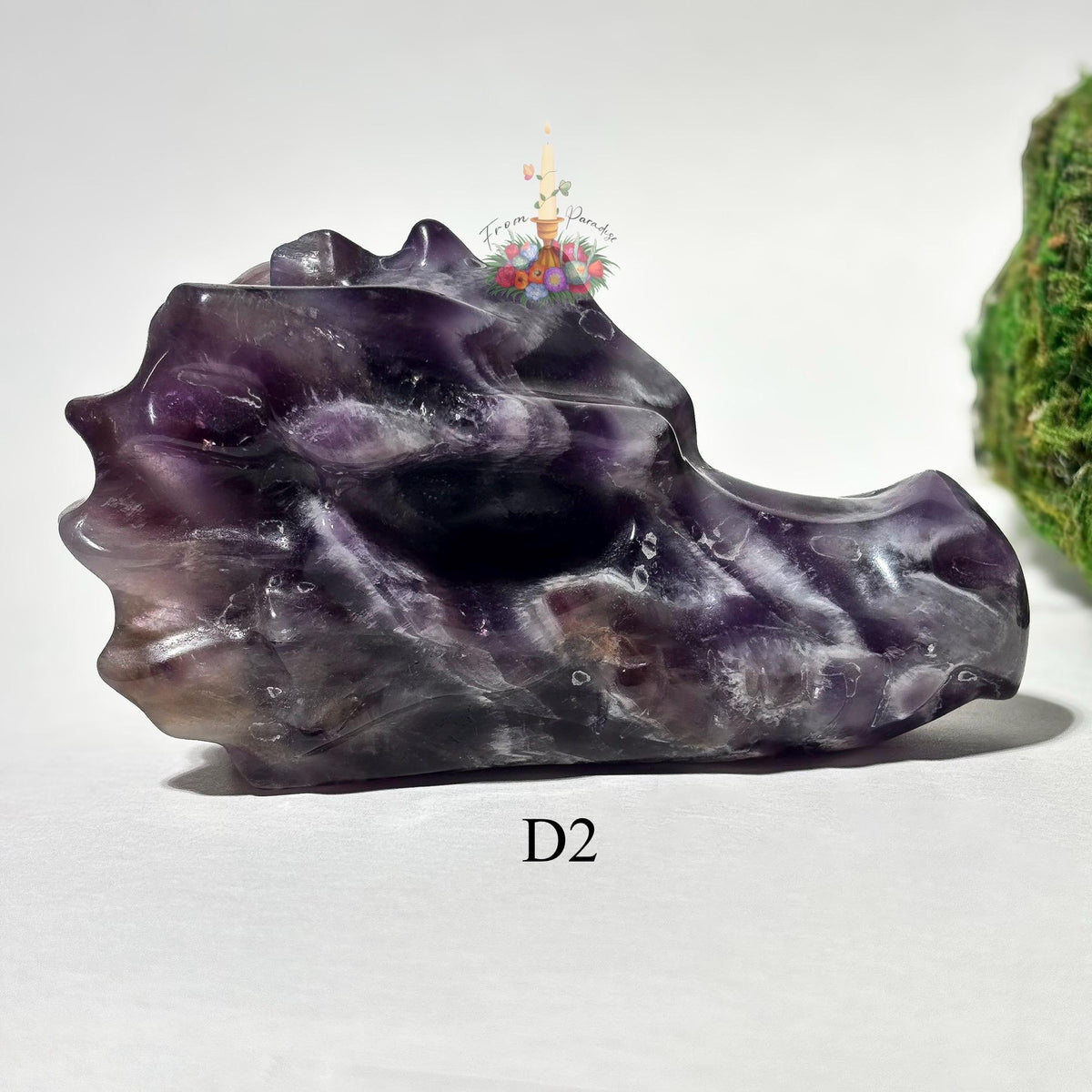 Chevron Amethyst Dragon Head Crystal Carving, Purple Gemstone Figurine, Fantasy Crystal Decor