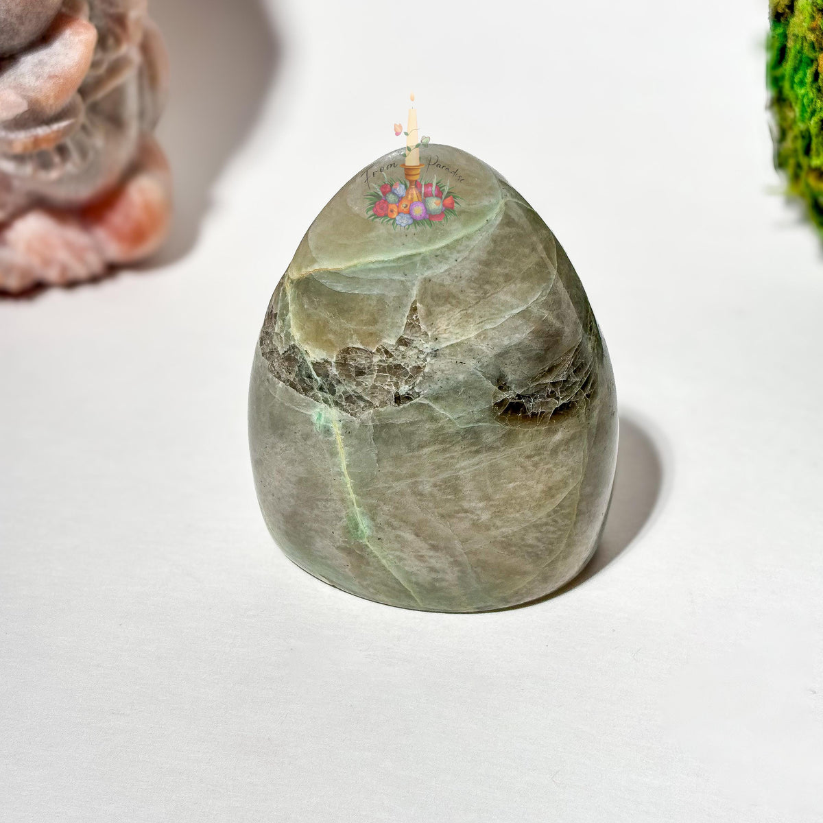 Green Moonstone Crystal Carving, Green Gemstone Decor, Polished Moonstone Collectible, Intentional Home Decor