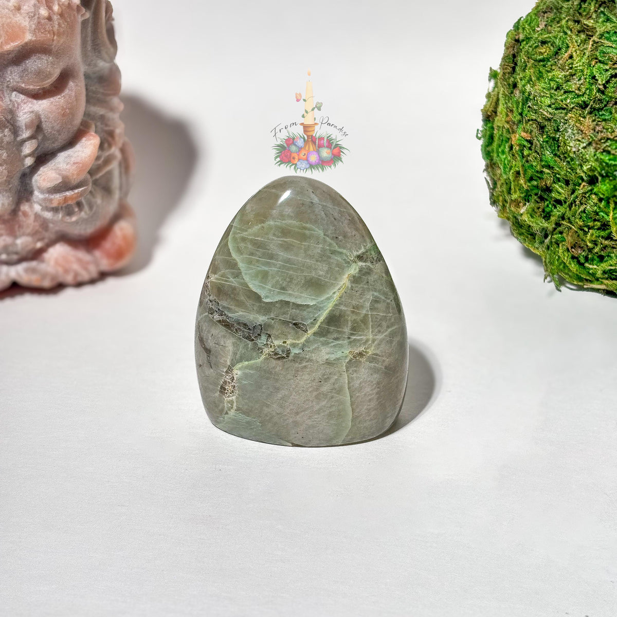 Green Moonstone Crystal Carving, Green Gemstone Decor, Polished Moonstone Collectible, Intentional Home Decor