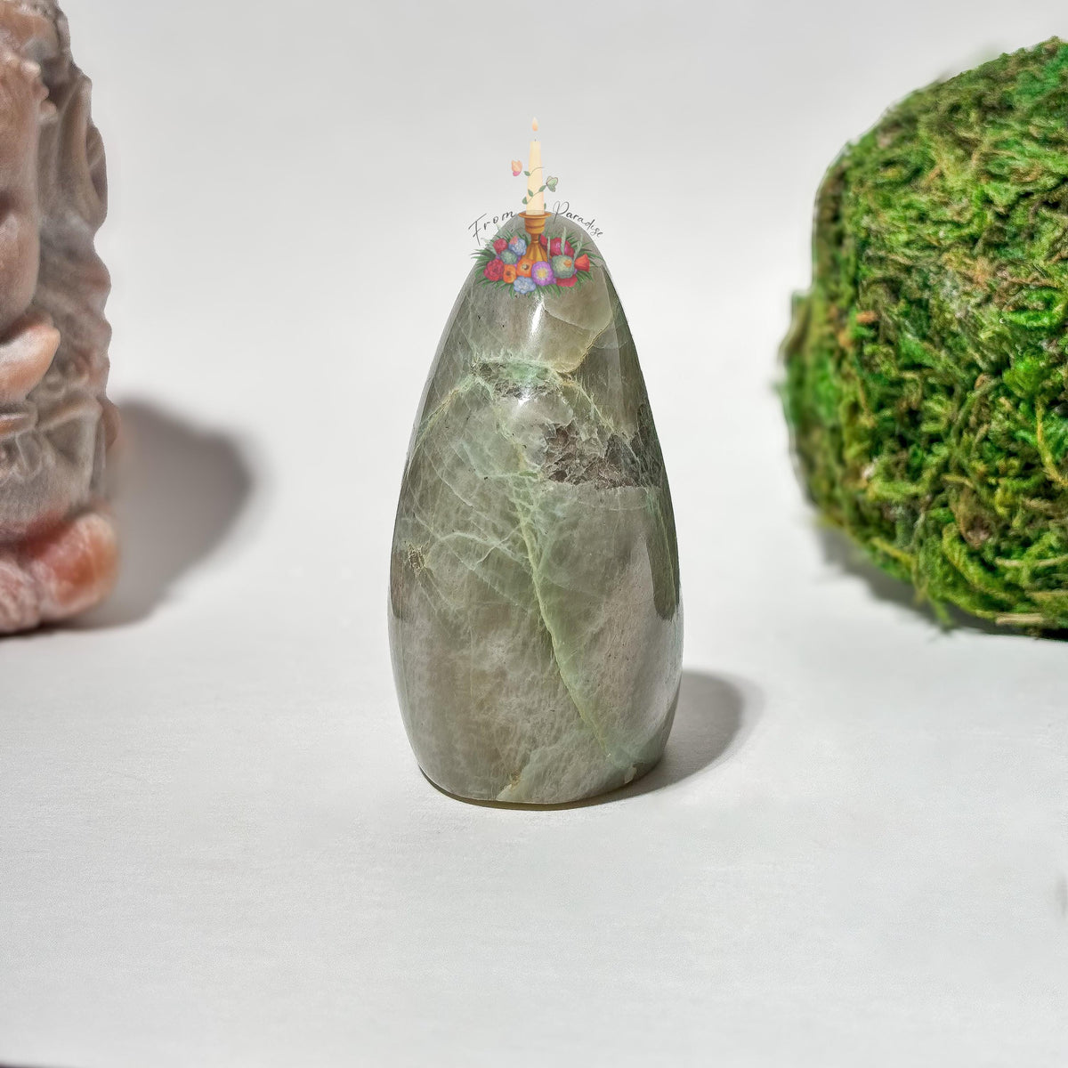 Green Moonstone Crystal Carving, Green Gemstone Decor, Polished Moonstone Collectible, Intentional Home Decor