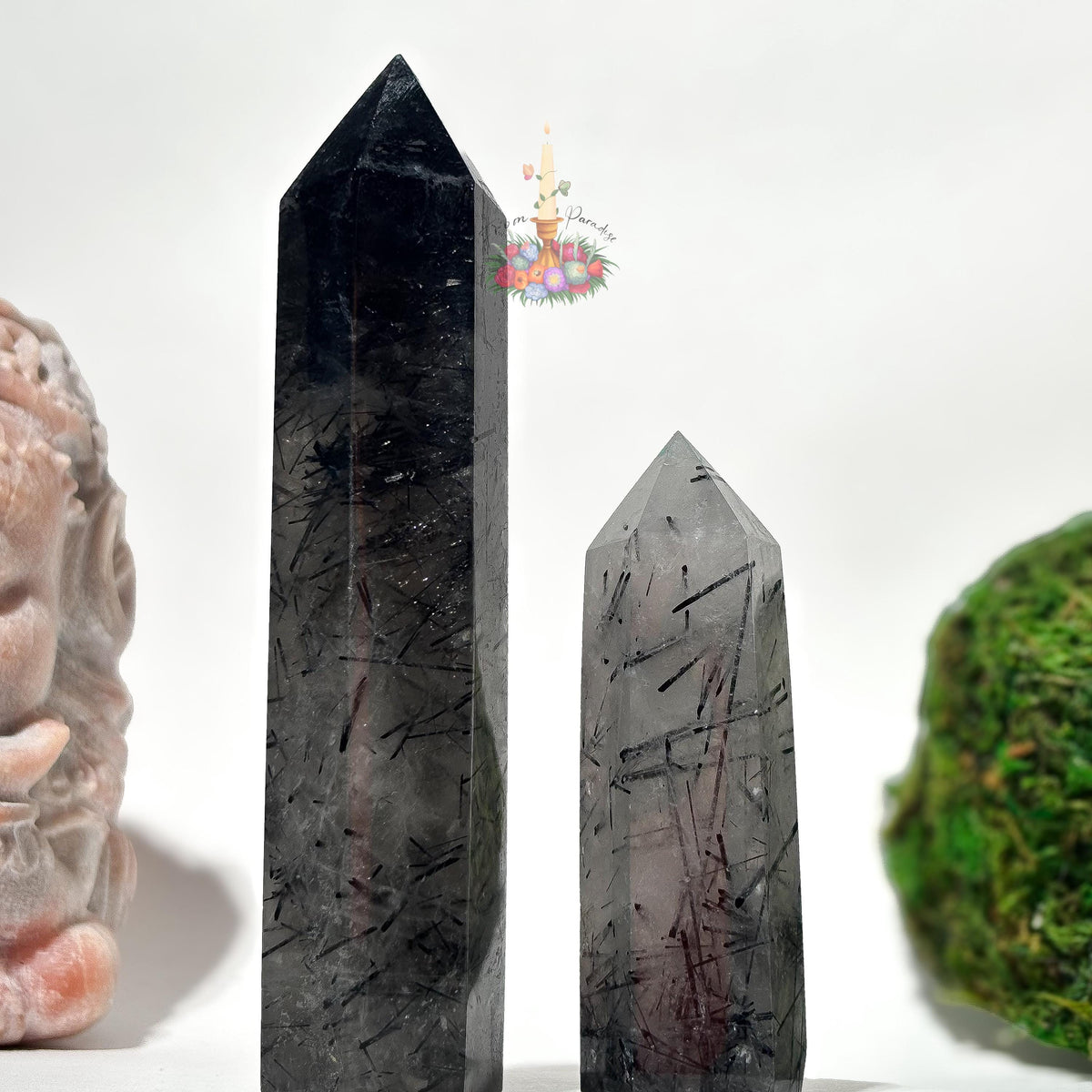 Clear Quartz with Black Tourmaline Tower, Tourmaline Quartz, Tourmalinated Quartz Crystal Point Home Decor, Black Tourmaline in Clear Quartz