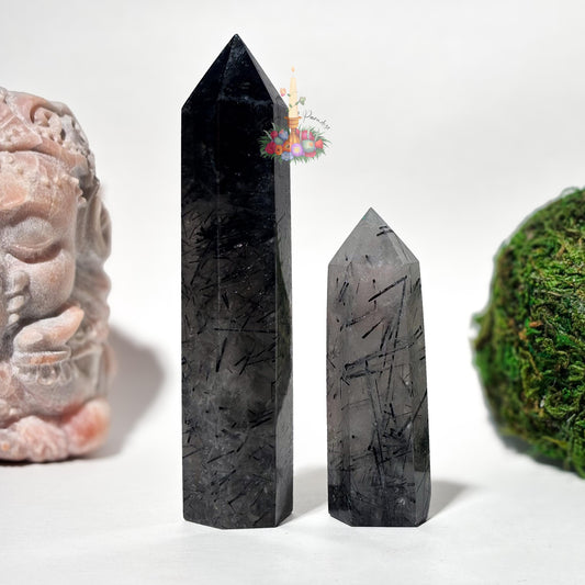 Clear Quartz with Black Tourmaline Tower, Tourmaline Quartz, Tourmalinated Quartz Crystal Point Home Decor, Black Tourmaline in Clear Quartz