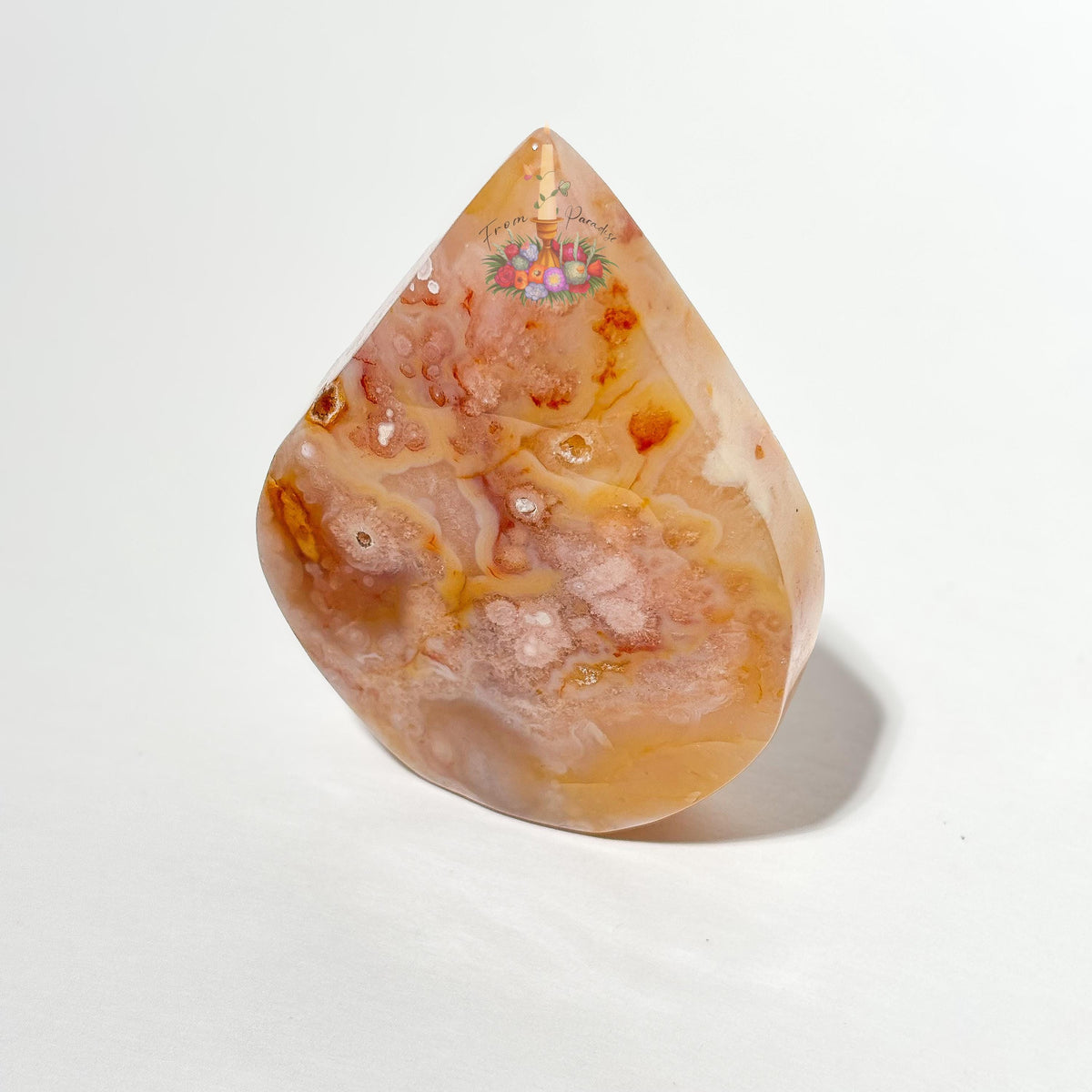 Flower Agate Teardrop Crystal Carving, Pink Floral Gemstone Decor, Natural Agate Collectible