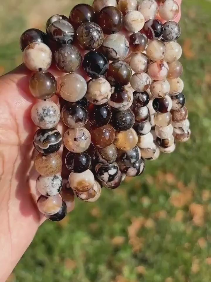 Black Flower Agate Crystal Stretch Gemstone Bracelet - Agate - Stone of Growth and Grounding - Handmade Jewelry - Heart and Root Chakra