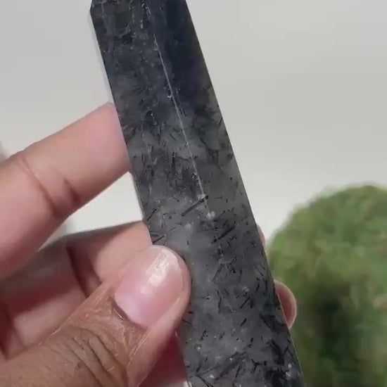 Clear Quartz with Black Tourmaline Tower, Tourmaline Quartz, Tourmalinated Quartz Crystal Point Home Decor, Black Tourmaline in Clear Quartz