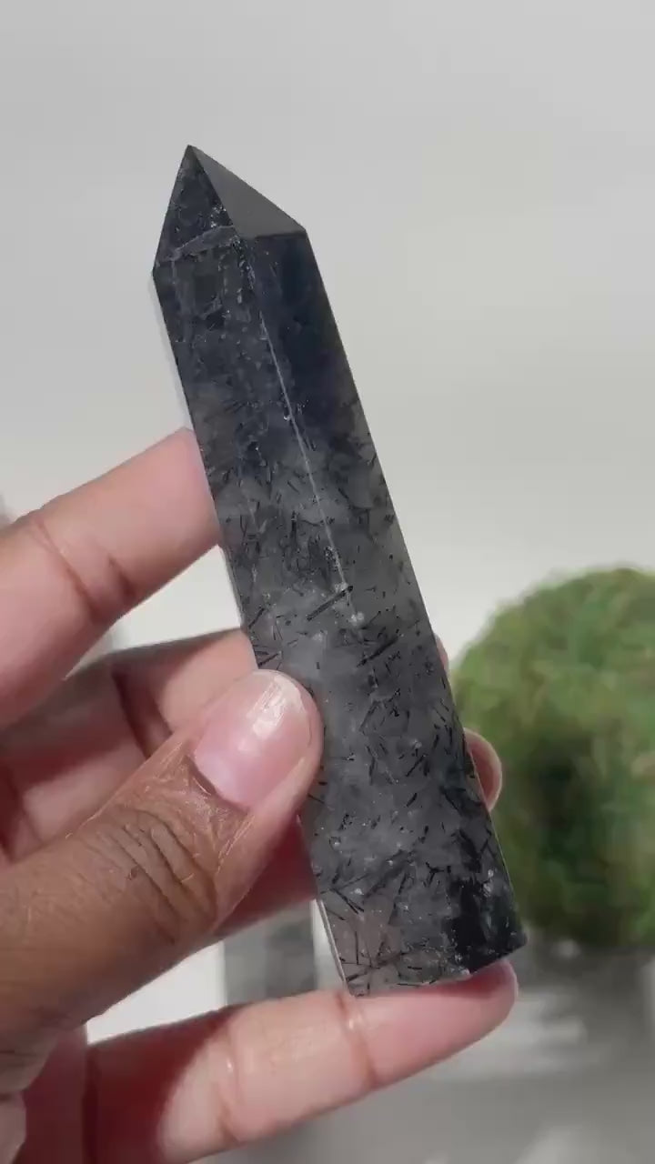 Clear Quartz with Black Tourmaline Tower, Tourmaline Quartz, Tourmalinated Quartz Crystal Point Home Decor, Black Tourmaline in Clear Quartz