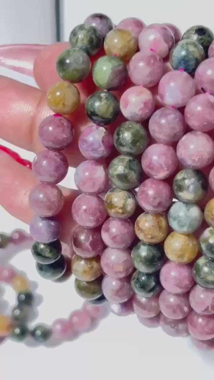 Tourmaline and Unicorn Stone Round Bead Crystal Stretch Bracelet