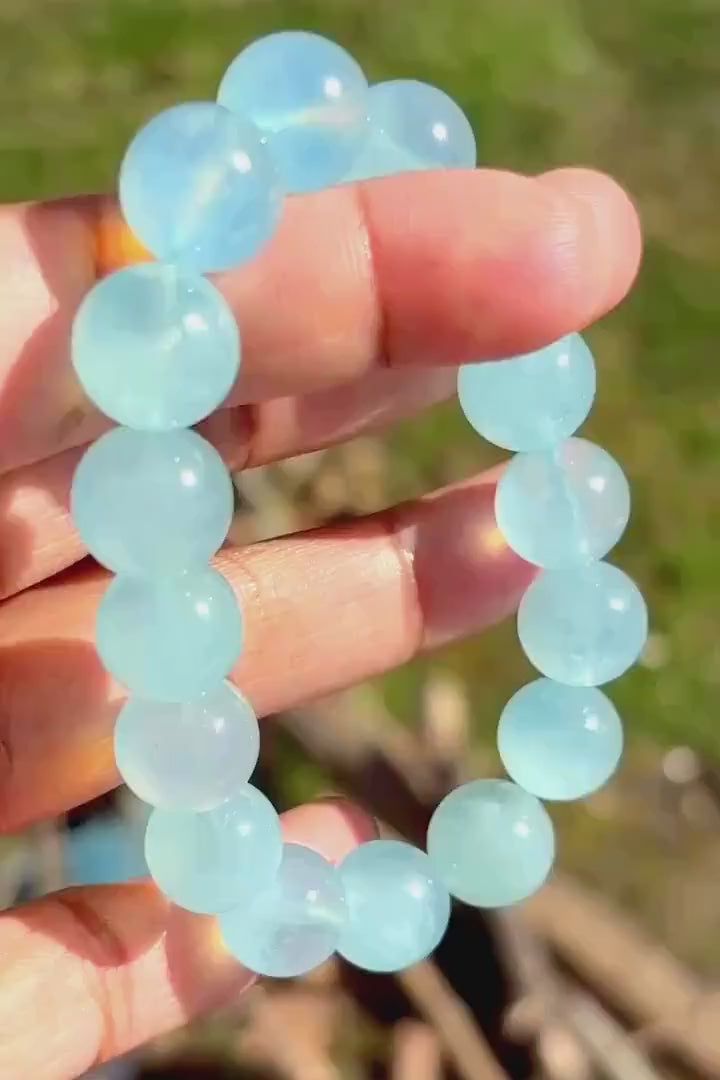 Aquamarine + Girasol Crystal Stretch Gemstone Bracelet
