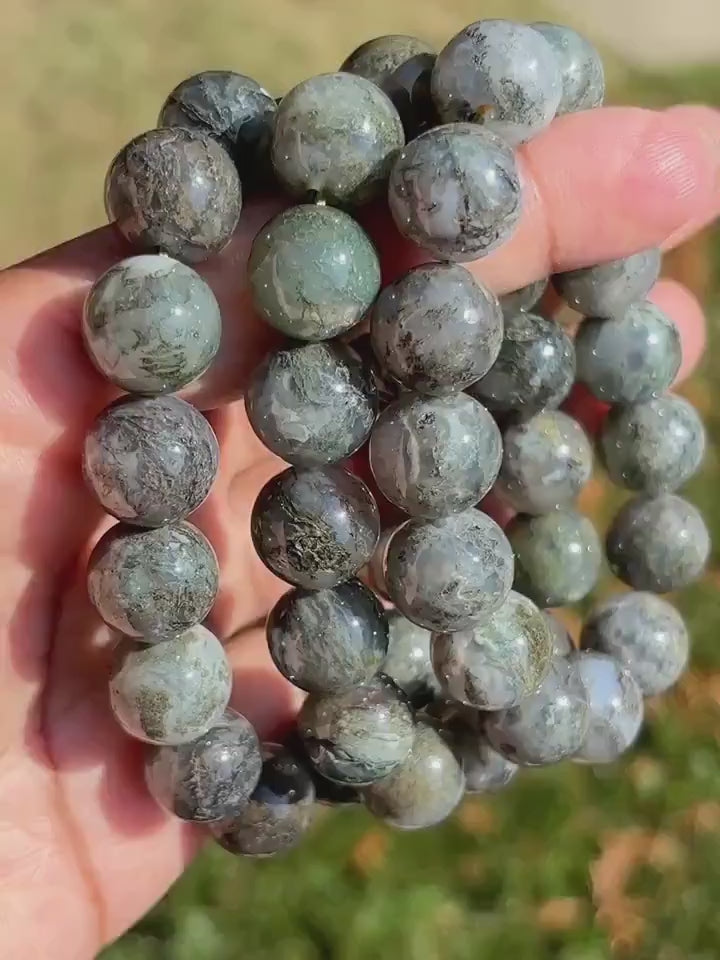 Blue Moss Agate Crystal Gemstone Stretch Bracelet - Agate - Stone of New Beginnings and Balance - Handmade Jewelry - Heart Chakra