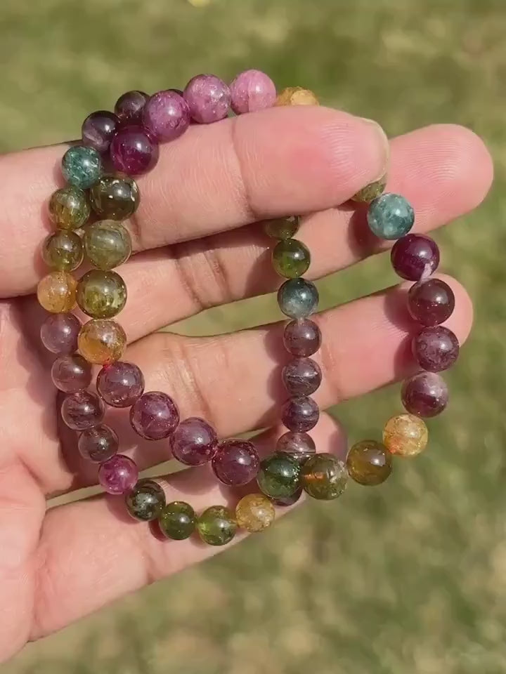 Mixed Tourmaline Crystal Stretch Round Bead Bracelet -Pink Tourmaline, Green Tourmaline and Yellow Tourmaline