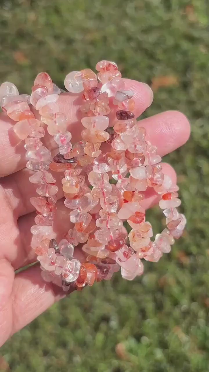 Fire Quartz Red Hematoid Crystal Chip Bracelet Rainbow Hematoid Fire Quartz Handmade Minimalist Jewelry Gift Red Quartz