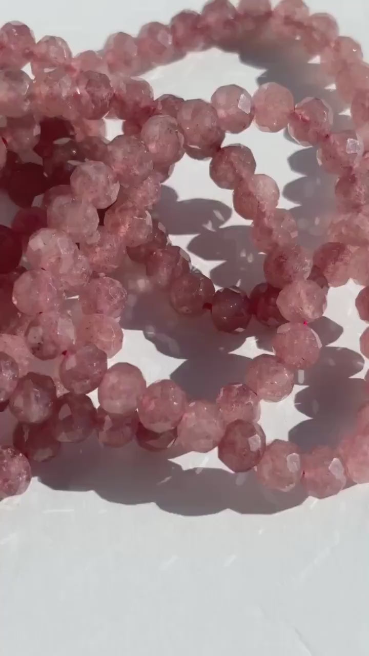 Pink Strawberry Quartz Faceted Crystal Bracelet - Quartz - Stone of Love and Passion - Handmade Jewelry
