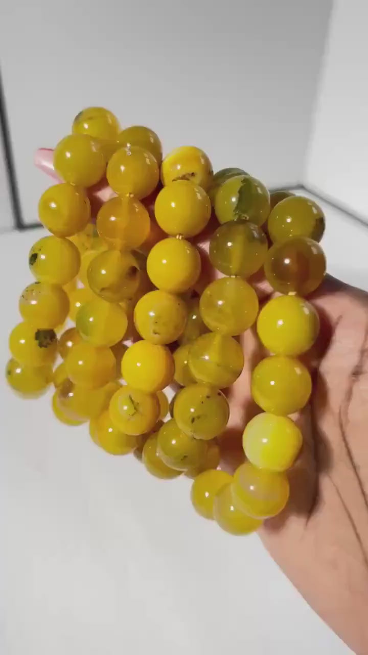 Yellow Agate Round Bead Crystal Stretch Bracelet