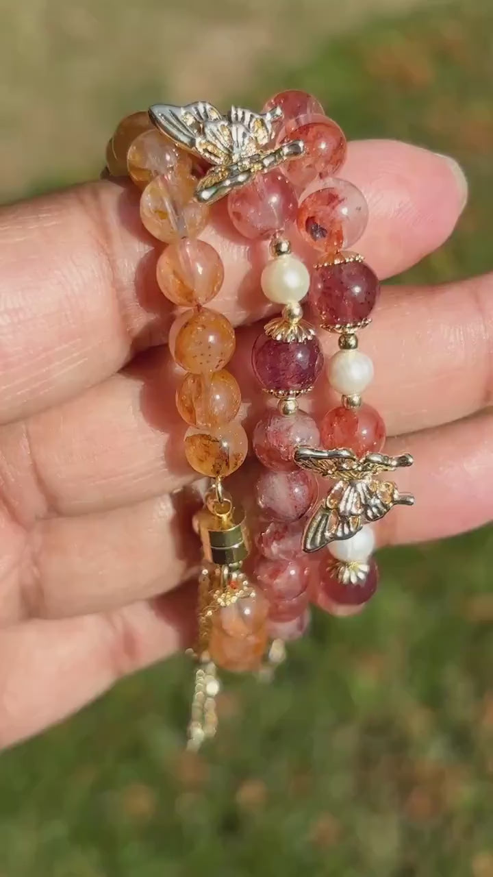 Fire Quartz and Strawberry Quartz Butterfly Charm Magnetic Crystal Bracelet