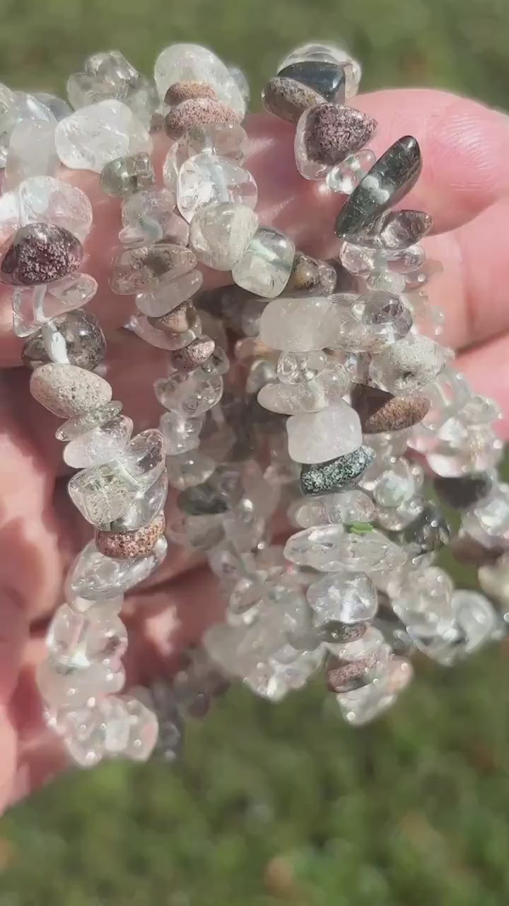 Handmade Garden Quartz Crystal Chip Bracelet - Phantom Quartz - Scenic Quartz - Lodolite - Inclusion Quartz