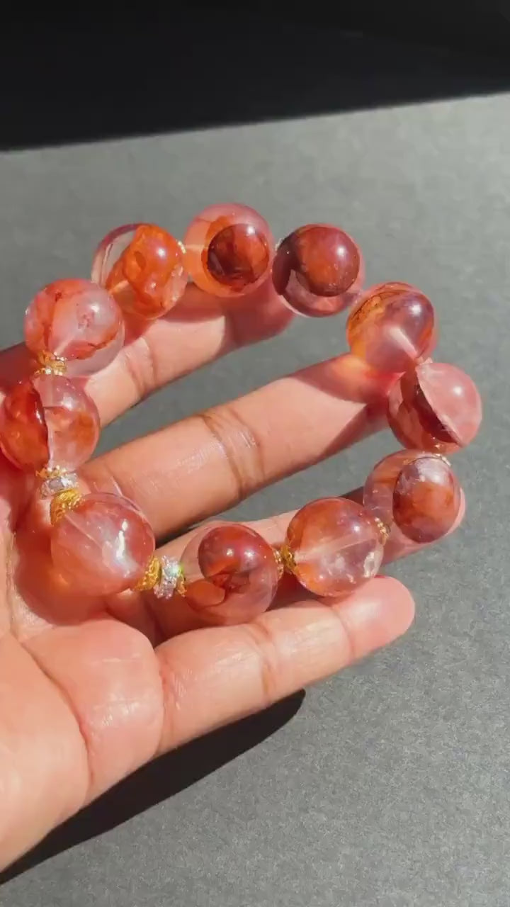 Fire Quartz Red Hematoid Crystal Chunky Stretch Round Bead Bracelet