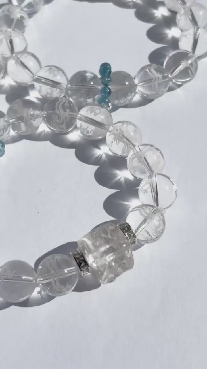 Clear Quartz + Aquamarine Dragon Etched Bracelet