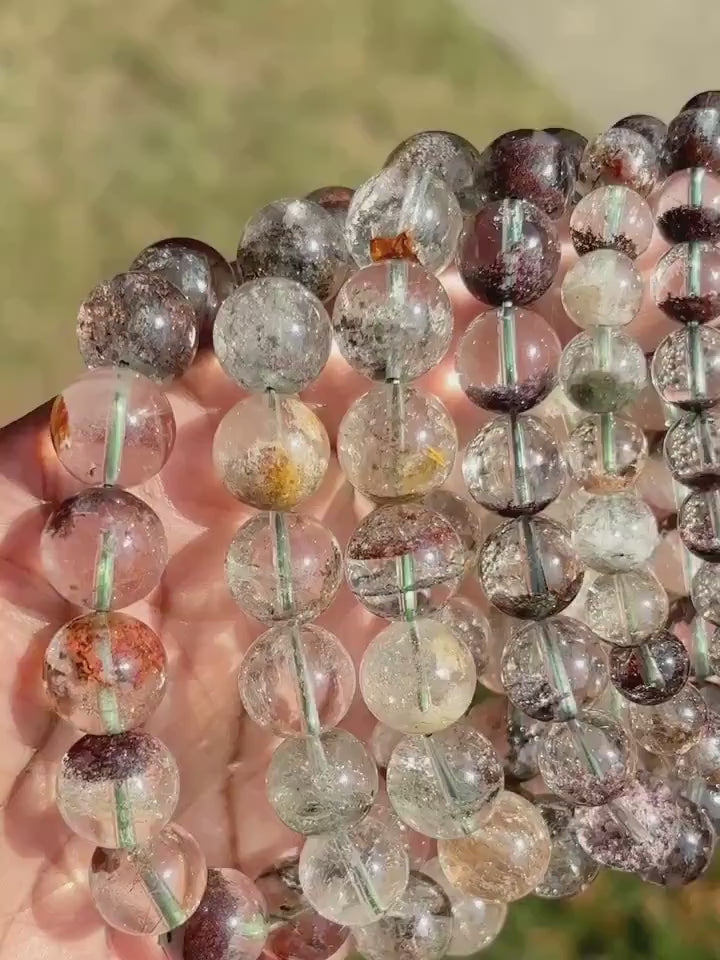 Garden Quartz Crystal Round Bead Stretch Bracelet - Lodolite