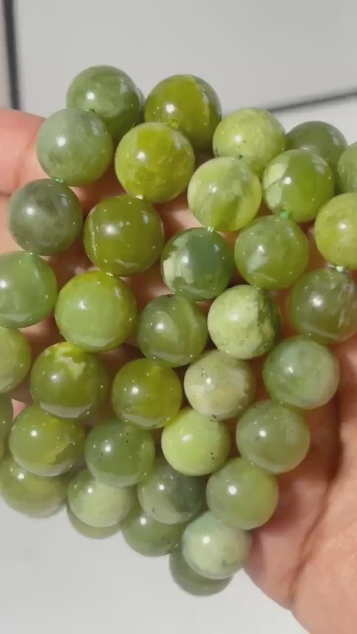 Green Jade Round Bead Crystal Stretch Bracelet
