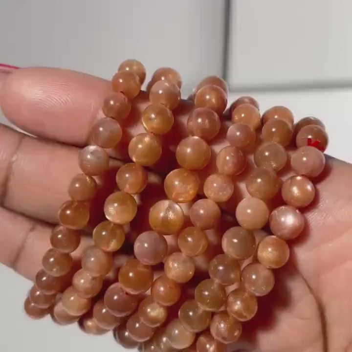 Orange Sunstone Crystal Bracelet Natural Sunstone Gemstone Round Bead Stretch Bracelet Spiritual Handmade