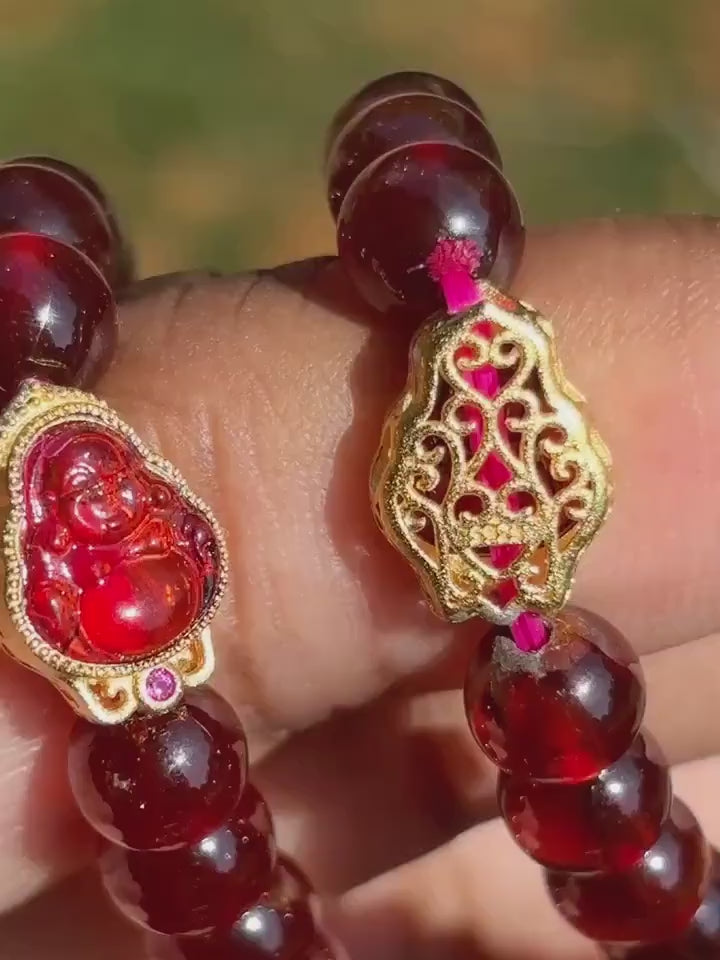Garnet Laughing Buddha Handmade Crystal Bracelet - Garnet
