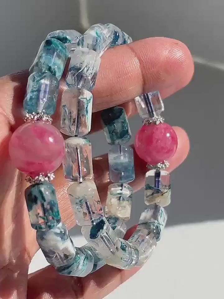 Blue Lodolite Garden Quartz + Rhodonite In Quartz Crystal Bracelet