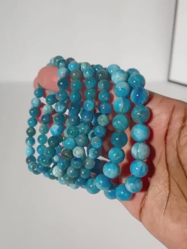 Blue Apatite Crystal Round Bead Stretch Bracelet