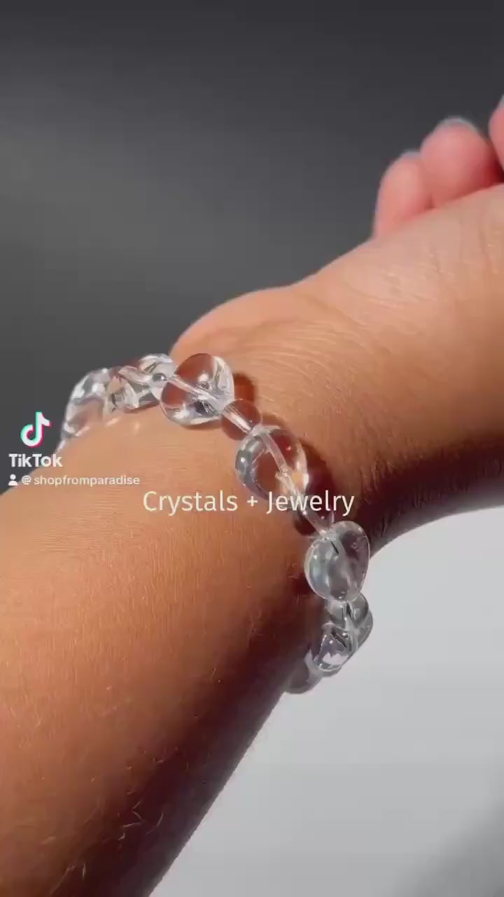 Rainbow Fluorite Star Crystal Bracelet, Clear Quartz Beaded Stretch Bracelet, Colorful Carved Gemstone Jewelry, Cute Celestial Crystal Gift