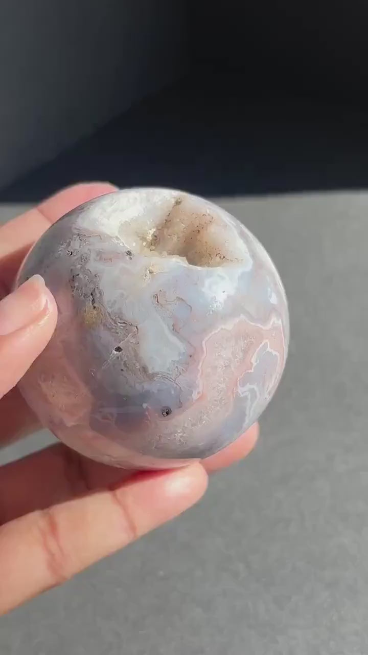 Druzy Pink Moss Agate Crystal Sphere - Gift for Home