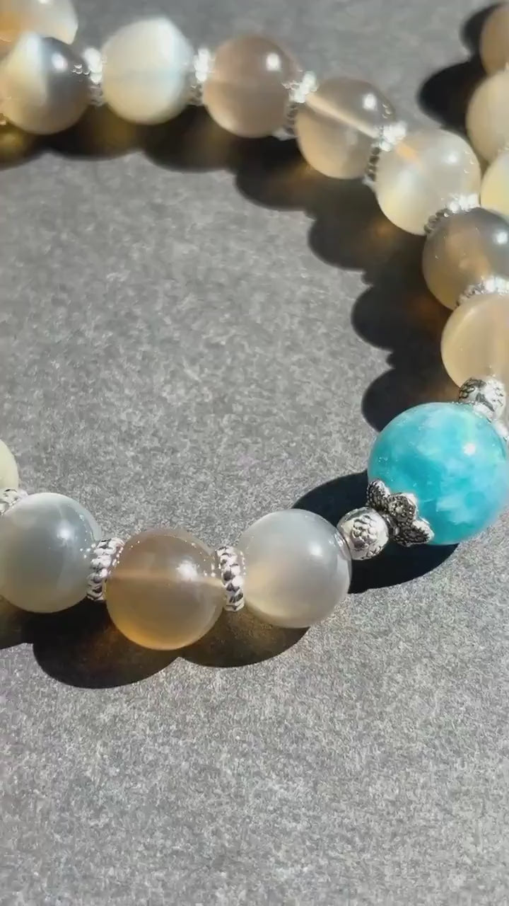 Moonstone and Aquamarine Handmade Boho Chic Crystal Stretch Bracelet