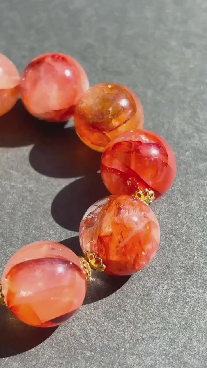 Fire Quartz Red Hematoid Crystal Stretch Round Bead Bracelet