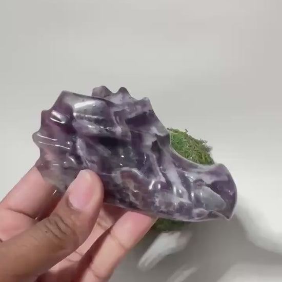 Chevron Amethyst Dragon Head Crystal Carving, Purple Gemstone Figurine, Fantasy Crystal Decor