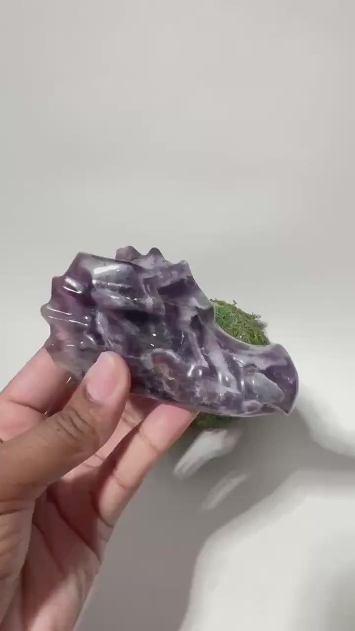 Chevron Amethyst Dragon Head Crystal Carving, Purple Gemstone Figurine, Fantasy Crystal Decor